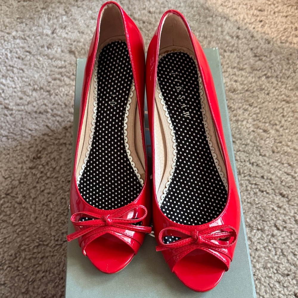 Jigsaw Red Patent Peep Toe Heels